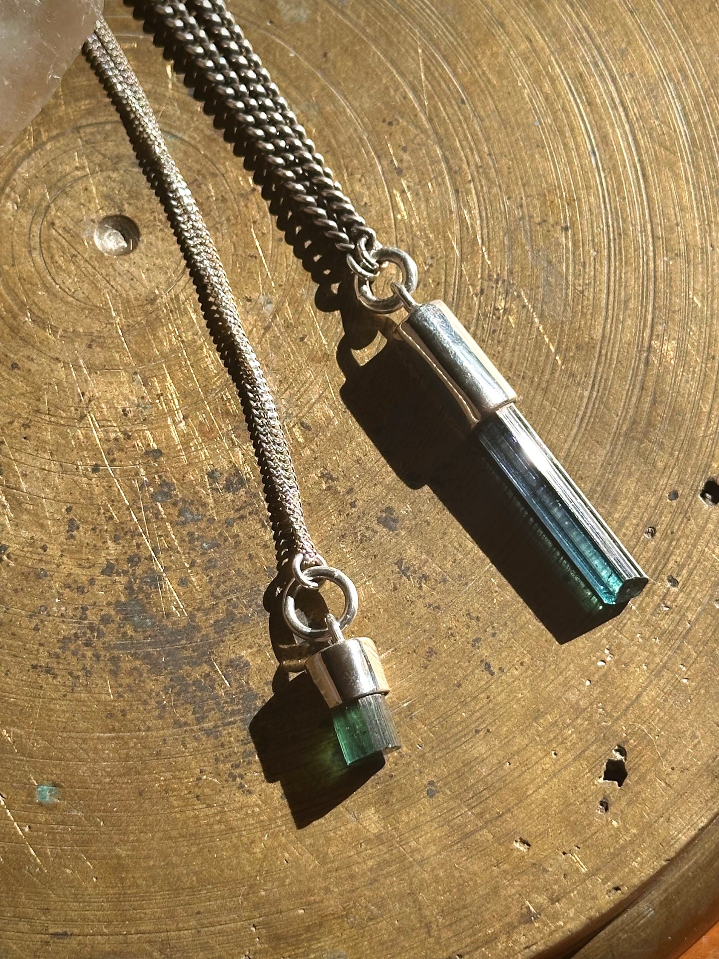 flat tipped teal tourmaline crystal pendant
