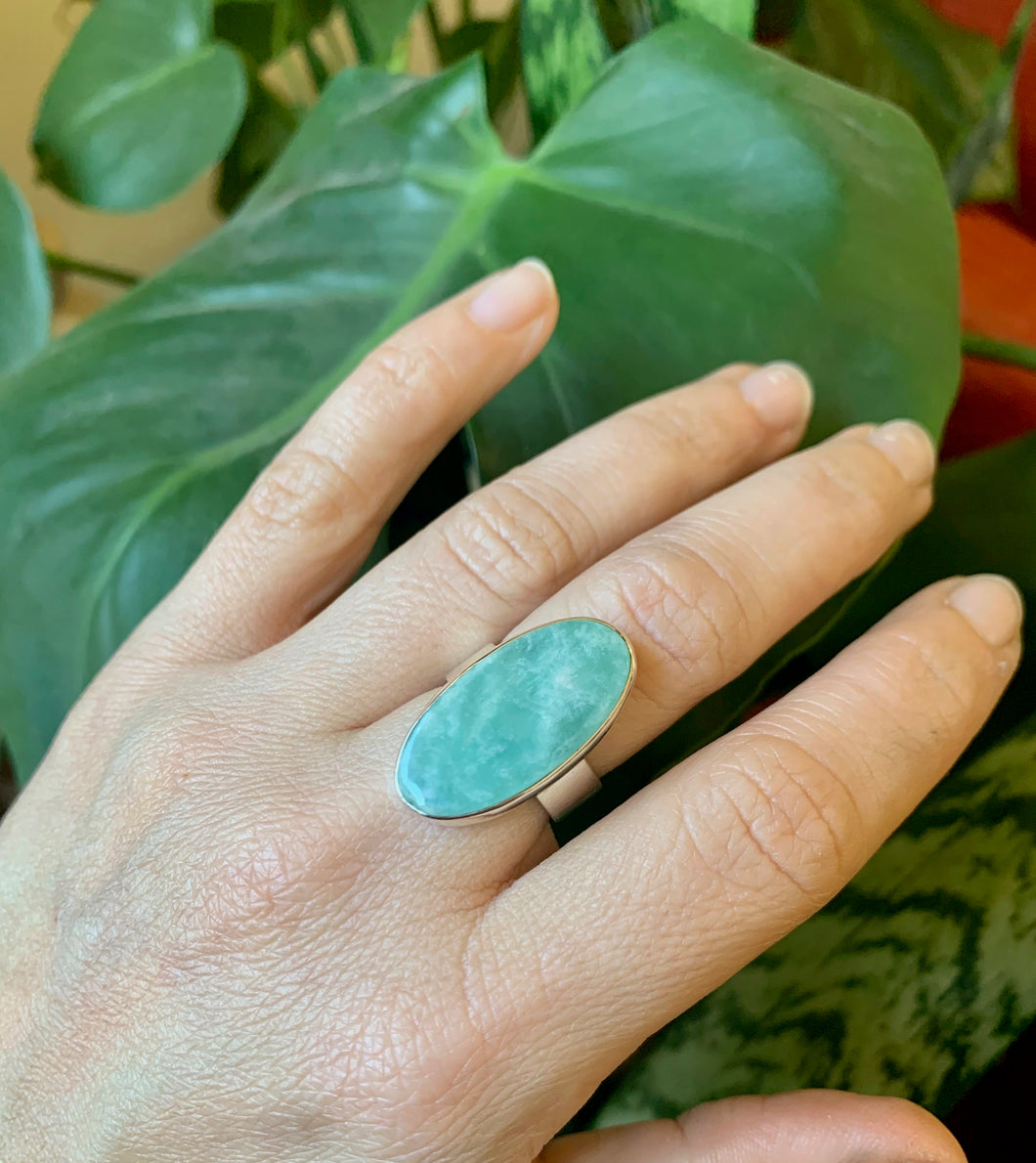 Amazonite and sterling silver ring on hand in front of plant.